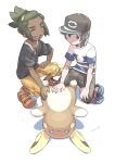  2boys absurdres alolan_form alolan_raichu bangs baseball_cap belly_rub black_shirt blush capri_pants closed_eyes closed_mouth dark_skin dark_skinned_male donnpati elio_(pokemon) floral_print gen_7_pokemon green_hair grey_eyes hat hau_(pokemon) highres male_focus multiple_boys open_mouth orange_footwear pants pokemon pokemon_(creature) pokemon_(game) pokemon_sm shirt shoes short_hair short_ponytail signature simple_background smile squatting striped striped_shirt swept_bangs t-shirt teeth tongue white_background |d 