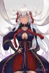  1girl absurdres ahoge arm_guards black_coat breasts cleavage_cutout clothing_cutout coat dark_skin dark-skinned_female dress fate/grand_order fate_(series) high_collar highres large_breasts long_hair okita_souji_(alter)_(fate) okita_souji_(fate)_(all) radishkek red_dress short_dress solo tassel white_eyes white_hair 