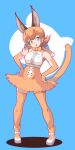 1girl bare_shoulders blue_eyes boots bow bowtie caracal_(kemono_friends) caracal_ears caracal_girl caracal_tail elbow_gloves extra_ears eyebrows_visible_through_hair frilled_skirt frills full_body gloves hands_on_hips high-waist_skirt highres kemono_friends ki94959437 light_brown_hair orange_footwear orange_gloves orange_legwear orange_neckwear orange_skirt shirt short_hair skirt sleeveless solo tail thigh-highs white_shirt