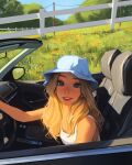  1girl blonde_hair blue_eyes blue_headwear camisole car commentary completion_time day driving english_commentary field flower flower_field ground_vehicle hat highres lips long_hair looking_at_viewer mismatched_eyebrows motor_vehicle original parted_lips sam_yang_(samdoesarts) solo thick_eyebrows upper_teeth 