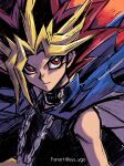 1boy artist_name black_hair black_shirt blonde_hair blue_jacket bright_pupils chain chain_necklace closed_mouth commentary_request highres jacket jacket_on_shoulders male_focus red_eyes shirt smile solo soya_(sys_ygo) spiky_hair upper_body white_pupils yami_yuugi yu-gi-oh! 