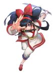  1girl black_hair bow floating_hair hair_bow hair_over_one_eye holding holding_sword holding_weapon huge_bow in_mouth japanese_clothes kimono leaning_forward long_hair nakoruru one_eye_covered open_hand pagye pants red_bow red_footwear samurai_spirits sheath solo sword violet_eyes weapon white_pants 