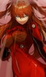  1girl blue_eyes breasts brown_hair closed_mouth commentary_request eyebrows_visible_through_hair hair_between_eyes long_hair looking_at_viewer medium_breasts moth1 neon_genesis_evangelion plugsuit solo souryuu_asuka_langley two_side_up 