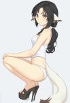  1girl animal_ears ass bangs bare_shoulders black_hair breasts brown_eyes closed_mouth commentary_request dog_ears dog_tail eruruw from_side full_body grey_background hair_over_shoulder high_heels highres long_hair long_sleeves looking_at_viewer miura-n315 panties shoes simple_background smile solo squatting tail tank_top underwear utawarerumono utawarerumono:_itsuwari_no_kamen white_panties 