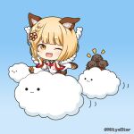  1girl :3 ;d animal animal_ears bangs bare_shoulders blonde_hair blue_background brown_eyes chibi closed_mouth clouds commentary_request detached_sleeves dog dog_ears eyebrows_visible_through_hair fang gradient gradient_background granblue_fantasy hands_up long_sleeves looking_at_viewer miicha notice_lines one_eye_closed open_mouth shirt sleeveless sleeveless_shirt smile solid_circle_eyes solo twitter_username vajra_(granblue_fantasy) white_shirt white_sleeves wide_sleeves 