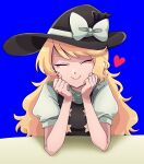  1girl bangs black_headwear black_vest blonde_hair blouse blue_background blush bow closed_mouth commentary_request cookie_(touhou) fox_eyes hat hat_bow head_rest heart highres kirisame_marisa long_hair looking_at_viewer odenoden smile solo star_(symbol) suzu_(cookie) touhou upper_body vest white_blouse white_bow witch_hat 
