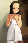  1girl :o absurdres bare_arms bare_shoulders black_hair blurry blurry_background blush brown_eyes collarbone depth_of_field forehead hands_together hands_up highres indoors long_hair looking_at_viewer matsunaga_kouyou naked_towel nose_blush original own_hands_together parted_lips solo towel 