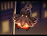  blurry blurry_background closed_mouth commentary_request fangs fangs_out full_body glowing glowing_eyes highres letterboxed no_humans pokemon pokemon_(creature) pumpkaboo smile solo yellow_eyes zero_artbox 