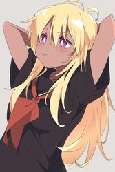  1girl arms_behind_head black_serafuku blonde_hair copyright_request dark_skin dark-skinned_female grey_background ixy long_hair looking_up school_uniform serafuku simple_background solo 