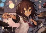  1girl absurdres black_sailor_collar brown_eyes brown_hair drum drumsticks eyebrows_visible_through_hair grin hair_between_eyes hair_ornament hairclip highres holding holding_drumsticks ikazuchi_(kancolle) instrument kaamin_(mariarose753) kantai_collection long_sleeves neckerchief red_neckwear sailor_collar school_uniform serafuku short_hair smile solo upper_body 