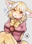  1girl animal_ear_fluff animal_ears arms_behind_back bangs bdsm blonde_hair blush bound bow bowtie breasts commentary_request dutch_angle eyebrows_visible_through_hair feet_out_of_frame fennec_(kemono_friends) flying_sweatdrops fox_ears frown grey_background highres kemono_friends knees_together_feet_apart knees_up large_breasts looking_at_viewer nose_blush parted_lips pink_shirt puffy_short_sleeves puffy_sleeves shirt short_hair short_sleeves simple_background solo spoken_squiggle squiggle suicchonsuisui sweat yellow_bow yellow_eyes yellow_neckwear 