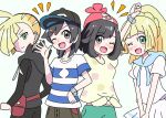  2boys 2girls ;d ahoge arm_up baseball_cap beanie black_pants blonde_hair blush_stickers bracelet braid brown_pants clenched_hand closed_mouth collarbone commentary_request ear_piercing elio_(pokemon) eyebrows_visible_through_hair eyelashes floral_print gladion_(pokemon) green_eyes green_shorts grey_eyes hat hood hood_down hoodie jewelry lillie_(pokemon) long_hair looking_at_viewer looking_back miin_(toukotouya) multiple_boys multiple_girls one_eye_closed open_mouth pants piercing pleated_skirt pokemon pokemon_(game) pokemon_sm ponytail red_bag sailor_collar selene_(pokemon) shirt short_hair short_sleeves shorts skirt smile striped striped_shirt tied_shirt tongue white_shirt white_skirt yellow_shirt 