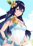  1girl alternate_costume ameno_(a_meno0) blue_eyes blue_hair breasts dressing fingerless_gloves fire_emblem fire_emblem_awakening fire_emblem_heroes flower gloves hair_flower hair_ornament long_hair looking_at_viewer lucina_(fire_emblem) open_mouth small_breasts solo swimsuit symbol-shaped_pupils veil white_swimsuit 