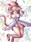  1girl animal_ears bangs bare_legs blue_eyes blush breasts cat_ears cat_tail choker closed_mouth collarbone dress eyebrows_visible_through_hair final_fantasy final_fantasy_xiv flower full_body hands_up highres jewelry large_breasts long_hair looking_at_viewer miqo&#039;te mirukurim necklace paw_pose pink_hair red_footwear shoes smile solo tail thighs white_dress 
