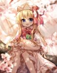  1girl absurdres artist_name blonde_hair blue_eyes blurry blurry_background blurry_foreground bow bowtie capelet cherry_blossoms commentary depth_of_field dress eyebrows_visible_through_hair fairy_wings flower frilled_capelet frilled_dress frilled_sleeves frills hat highres holding light_rays lily_white long_hair long_sleeves looking_at_viewer open_mouth outdoors petals power-up pudding_(skymint_028) red_bow red_neckwear signature smile solo sunlight touhou translated white_dress white_headwear wide_sleeves wings 