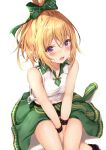  1girl bangs bare_arms bare_legs between_legs black_footwear blonde_hair blush bow breasts chloe_(princess_connect!) clothes_around_waist collarbone eyebrows_visible_through_hair green_bow green_jacket hair_bow hair_ornament hand_between_legs highres jacket jacket_around_waist looking_at_viewer medium_hair navel open_mouth pointy_ears princess_connect! princess_connect!_re:dive rumiko_(rmeco) shirt simple_background sitting sleeveless sleeveless_shirt small_breasts solo violet_eyes white_background white_shirt 