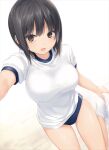  1girl aoyama_sumika black_hair blush breasts brown_eyes buruma coffee-kizoku gym_uniform highres looking_at_viewer open_mouth original short_hair socks solo white_legwear 