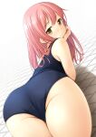  1girl arm_support ass back bangs blue_swimsuit blush brown_eyes cowboy_shot crotch_seam dutch_angle elbow_rest eyebrows_visible_through_hair from_behind hand_on_own_cheek hand_on_own_face hand_up head_rest highres long_hair looking_at_viewer looking_back lying on_floor on_stomach one-piece_swimsuit original pink_hair school_swimsuit shibacha smile solo swimsuit tile_floor tiles 