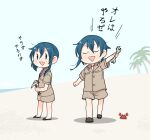  2girls animal annin_musou asymmetrical_hair blue_hair blush brown_shorts buttons closed_eyes crab fairy_(kancolle) hair_between_eyes holding holding_wrench kantai_collection long_hair multiple_girls open_mouth palm_tree shadow short_sleeves shorts smile standing tree wrench 