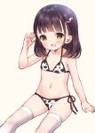  1girl :d animal_print bangs bare_arms bare_shoulders bikini black_hair blush brown_background brown_eyes chitosezaka_suzu collarbone commentary_request cow_horns cow_print eyebrows_visible_through_hair feet_out_of_frame hair_ornament hairclip hand_up horns long_hair looking_at_viewer open_mouth original print_bikini side-tie_bikini simple_background sitting smile solo swimsuit thigh-highs white_bikini white_legwear 