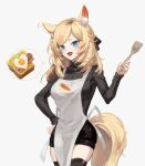  1girl :d animal_ear_fluff animal_ears apron arknights bacon bangs black_legwear black_ribbon black_sweater blonde_hair blue_eyes breasts commentary cowboy_shot food grey_background hair_ribbon hand_on_hip hand_up highres holding long_hair long_sleeves looking_at_viewer medium_breasts open_mouth ribbon simple_background smile solo spacelongcat standing sunny_side_up_egg sweater tail thigh-highs toast turtleneck turtleneck_sweater whislash_(arknights) white_apron 