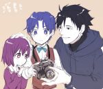  1girl 2boys ahoge black_hair blue_eyes blue_hair bow bowtie brother_and_sister camera dress fate/zero fate_(series) hand_on_another&#039;s_head hood hoodie matou_kariya matou_sakura matou_shinji multiple_boys petting purple_dress purple_hair r.sw short_hair siblings smile sweater turtleneck turtleneck_sweater uncle_and_niece vest violet_eyes wavy_hair 