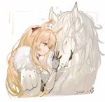  1girl animal animal_ear_fluff animal_ears arknights arms_up blemishine_(arknights) blonde_hair closed_eyes etiv highres horse horse_ears horse_girl long_hair one_eye_closed petting ponytail solo yellow_eyes 