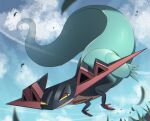  alu_drp claws closed_mouth clouds day dragapult flying from_below gen_8_pokemon grass leaves_in_wind no_humans outdoors pokemon pokemon_(creature) sideways_glance sky solo 