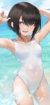  1girl absurdres black_hair blue_sky breasts clouds collarbone commentary_request cowboy_shot day highres horizon looking_at_viewer ocean open_mouth original outdoors seicoh short_hair sky small_breasts solo swimsuit violet_eyes white_swimsuit 