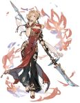  1girl blonde_hair blue_eyes breasts bun_cover china_dress chinese_clothes clothing_cutout double_bun dress granblue_fantasy hair_intakes hair_ornament hairband highres long_hair looking_at_viewer pelvic_curtain polearm red_dress shimatani_azu side_slit simple_background solo spear twintails weapon white_hair zeta_(granblue_fantasy) 