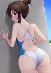  1girl against_wall ass brown_eyes brown_hair commentary_request competition_swimsuit from_behind hair_bun highres idolmaster idolmaster_cinderella_girls long_hair looking_at_viewer one-piece_swimsuit pataneet sidelocks solo swimsuit takamori_aiko white_swimsuit 