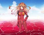  1girl arm_at_side bandaged_arm bandages blue_eyes blue_sky breasts brown_hair cloudwater eyepatch hand_on_hip highres interface_headset long_hair medium_breasts neon_genesis_evangelion plugsuit shikinami_asuka_langley sky solo souryuu_asuka_langley twintails wading 