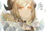  1girl arknights bingansuan_jiamouren black_choker blonde_hair choker demon_horns horns ifrit_(arknights) image_sample looking_at_viewer low_twintails mihuashi_sample orange_eyes parted_lips platinum_blonde_hair portrait short_twintails slit_pupils solo twintails 