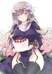  1girl :3 bangs black_legwear blue_dress blush breasts brown_hair cake closed_mouth commentary_request cowboy_shot dress eating_hair eyebrows_visible_through_hair flower food fruit garter_straps hair_between_eyes hair_flower hair_ornament happy_birthday highres holding holding_plate juliet_sleeves large_breasts long_hair long_sleeves looking_at_viewer mizuki_takehito no_panties plate pointy_ears poring priest_(ragnarok_online) puffy_sleeves ragnarok_online sitting slime_(creature) smile strawberry thigh-highs white_flower 