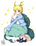  1girl bangs black_footwear blonde_hair blue_shirt closed_mouth commentary dragon_horns dragon_tail eyebrows_visible_through_hair full_body green_skirt highres horns kicchou_yachie long_skirt looking_at_viewer red_eyes shirt short_hair signature simple_background sitting skirt smile solo squatting tail touhou turtle_shell umigarasu_(kitsune1963) white_background 