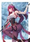  1girl arm_up armpits ass bare_shoulders beil breasts claws elbow_gloves fishnet_legwear fishnets full_body genshin_impact gloves high_heels highres holding holding_polearm holding_weapon large_breasts leg_up legs long_hair moco_(moco_28) polearm purple_hair purple_legwear rosaria_(genshin_impact) sideboob sky sleeveless solo thigh_strap violet_eyes weapon white_gloves 