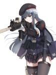  1girl absurdres assault_rifle bag bangs beret black_legwear checkered checkered_skirt closed_mouth eyebrows_visible_through_hair feet_out_of_frame girls_frontline gloves green_eyes gun h&amp;k_hk416 hat highres hk416_(girls_frontline) holding holding_bag holding_weapon holster holstered_weapon long_hair looking_at_viewer military military_uniform rifle rynn_(rynn_cube) silver_hair skirt solo standing thigh-highs uniform weapon white_background white_gloves 