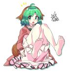  1girl animal_ears barefoot bloomers commentary dog_ears dog_tail eyebrows_visible_through_hair folded full_body green_eyes green_hair kasodani_kyouko legs_up long_sleeves looking_at_viewer open_mouth short_hair simple_background soles solo tail touhou umigarasu_(kitsune1963) underwear white_background 