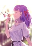 1girl bangs closed_eyes dress fate/stay_night fate_(series) from_side hair_ribbon hand_up highres holding long_hair matou_sakura profile puffy_short_sleeves puffy_sleeves purple_dress purple_hair red_ribbon ribbon short_sleeves smile solo upper_body yeh_(354162698) 