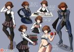  1girl abs biker_clothes blood blood_on_face book braid brown_hair cellphone confused dumbbell highres kinkymation mask niijima_makoto panties pencil_case persona persona_5 phone red_eyes scarf school_uniform smartphone sports_bra underwear 