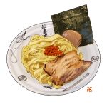 chain egg english_commentary food food_focus garnish hardboiled_egg katana meat no_humans noodles original plate realistic seaweed simple_background still_life studiolg sword weapon white_background 