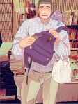  1boy alternate_costume backpack bag blush book bulge creature cutiebell feet_out_of_frame glasses long_sideburns looking_at_viewer male_focus muscular muscular_male on_shoulder photo_background shiro_(tokyo_houkago_summoners) short_hair sideburns smile solo spiky_hair thick_eyebrows tokyo_houkago_summoners 