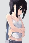  1girl bangs bare_shoulders breasts collarbone eyebrows_visible_through_hair highres hiroki_(yyqw7151) k-on! lifted_by_self long_hair midriff_peek nakano_azusa profile shirt_lift sidelocks simple_background skirt small_breasts solo twintails 