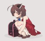  1girl backpack bag blue_neckwear blue_ribbon brown_eyes brown_footwear brown_hair commentary dress food_print frilled_dress frills grey_background hair_ribbon headgear highres kneehighs leg_hug mary_janes neck_ribbon randoseru red_dress red_ribbon ribbon school_bag shadow shirinda_fureiru shoes short_hair short_twintails sleeveless sleeveless_dress solo squatting strawberry_print touhoku_kiritan twintails voiceroid white_legwear 