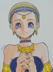  1girl absurdres akaho_(choco_daisuki) alternate_costume armlet artist_name bare_shoulders blonde_hair blue_eyes choker commentary_request dragon_quest dragon_quest_xi earrings eyelashes hairband hands_together highres jewelry looking_at_viewer marker_(medium) necklace senya_(dq11) simple_background smile solo traditional_media white_background 