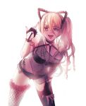  :p animal_ears bangs bare_shoulders black_choker black_gloves black_legwear black_shirt black_shorts blonde_hair blue_eyes bracelet braid breasts cat_ears choker clothing_request collarbone cowboy_shot dangan_ronpa_(series) dangan_ronpa_v3:_killing_harmony fake_animal_ears fangs fingerless_gloves fishnet_legwear fishnets gloves gwanlamcha hair_between_eyes hand_on_own_thigh highres iruma_miu jewelry large_breasts leaning_forward long_hair looking_at_viewer micro_shorts middle_finger mismatched_legwear o-ring o-ring_choker o-ring_top open_fly open_mouth panties see-through shirt shorts side-tie_panties side_ponytail simple_background solo spiked_bracelet spikes thigh-highs tongue tongue_out underwear white_background 