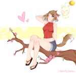  animal_ears arm_up blue_eyes breasts brown_hair cat_ears cat_tail cherry_blossoms final_fantasy final_fantasy_xiv highres medium_breasts moogle multicolored_hair one_eye_closed sandals shirt shorts sitting smile spooky-dollie streaked_hair tail tight tight_shirt 