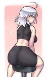  1girl ahoge ass bike_shorts black_bra black_shorts bra breasts fate/grand_order fate_(series) from_behind highres ishibori_eregomos jeanne_d&#039;arc_(alter)_(fate) jeanne_d&#039;arc_(fate)_(all) large_breasts short_hair shorts silver_hair sitting solo sports_bra straddling underwear yellow_eyes 