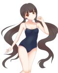  1girl absurdres alternate_costume alternate_hair_ornament bangs bare_arms bare_shoulders blunt_bangs blush breasts brown_hair collarbone commentary_request competition_school_swimsuit covered_navel dangan_ronpa_(series) dangan_ronpa_v3:_killing_harmony feet_out_of_frame floating_hair frown hand_up harukawa_maki highres long_hair looking_at_viewer low_twintails mole mole_under_eye one-piece_swimsuit raimone_(nekokirinv3) red_eyes school_swimsuit simple_background small_breasts solo swimsuit twintails very_long_hair white_background 