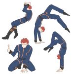  1boy belt black_belt black_footwear black_legwear blue_jacket blue_pants boots commentary_request handstand highres jacket lance_(pokemon) long_sleeves male_focus multiple_views pants pokemon pokemon_(game) pokemon_hgss short_hair simple_background socks spiky_hair tate_(saaaaka_pk) white_background 